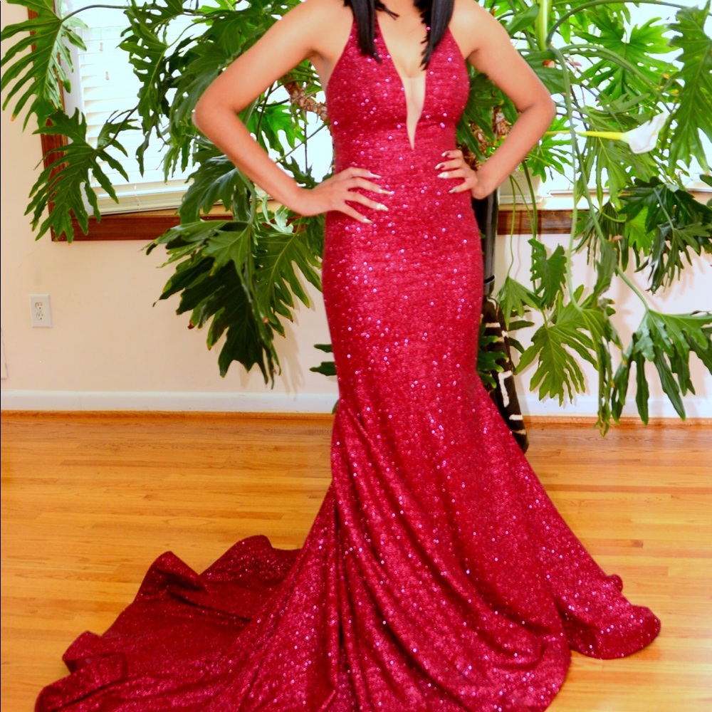 Jovani Burgundy V-Neck Halter Mermaid Style Dress